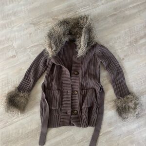 GAP Brown Belted Knit Teddy Jacket with Faux Fur
